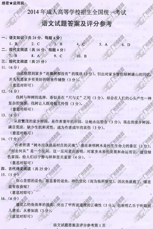 广东成人高考2014年统一考试语文真题B卷参考答案